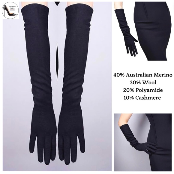 Long Cashmere Merino Wool Gloves Classical Black Opera Driving Winter Warm Glove - Picture 6 of 8